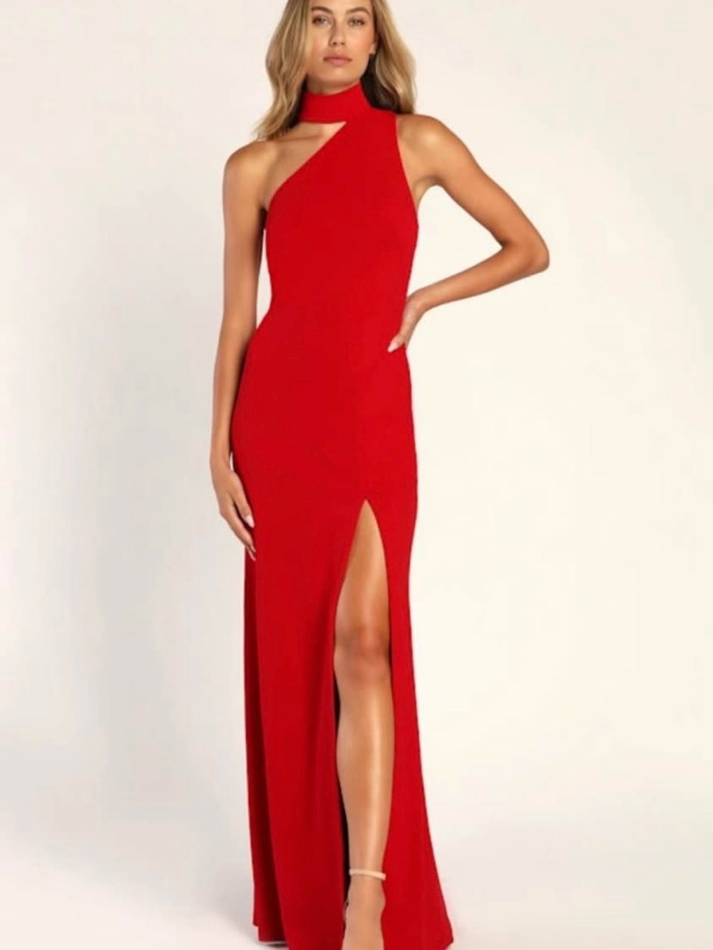 Lulu's Red One-Shoulder High-Slit Evening Gown